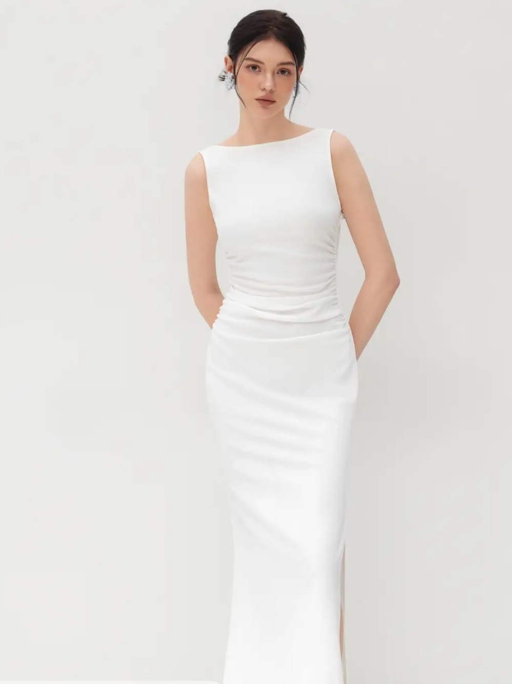 NWT CIDER BOAT NECK SOLID RUCHED SPLIT MAXI DRESS